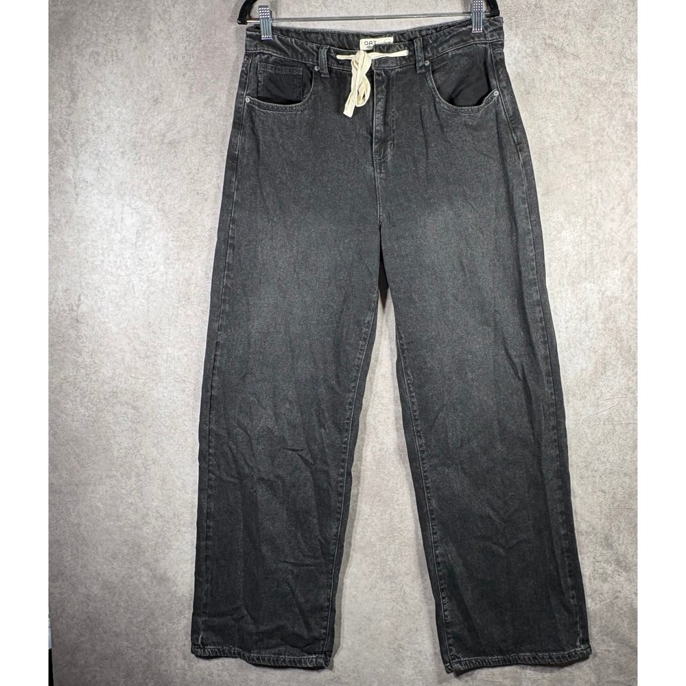 OAT Jeans Women Size 10/30 Black Cloud Luxe Denim Wide Leg Drawstring Boho Faded